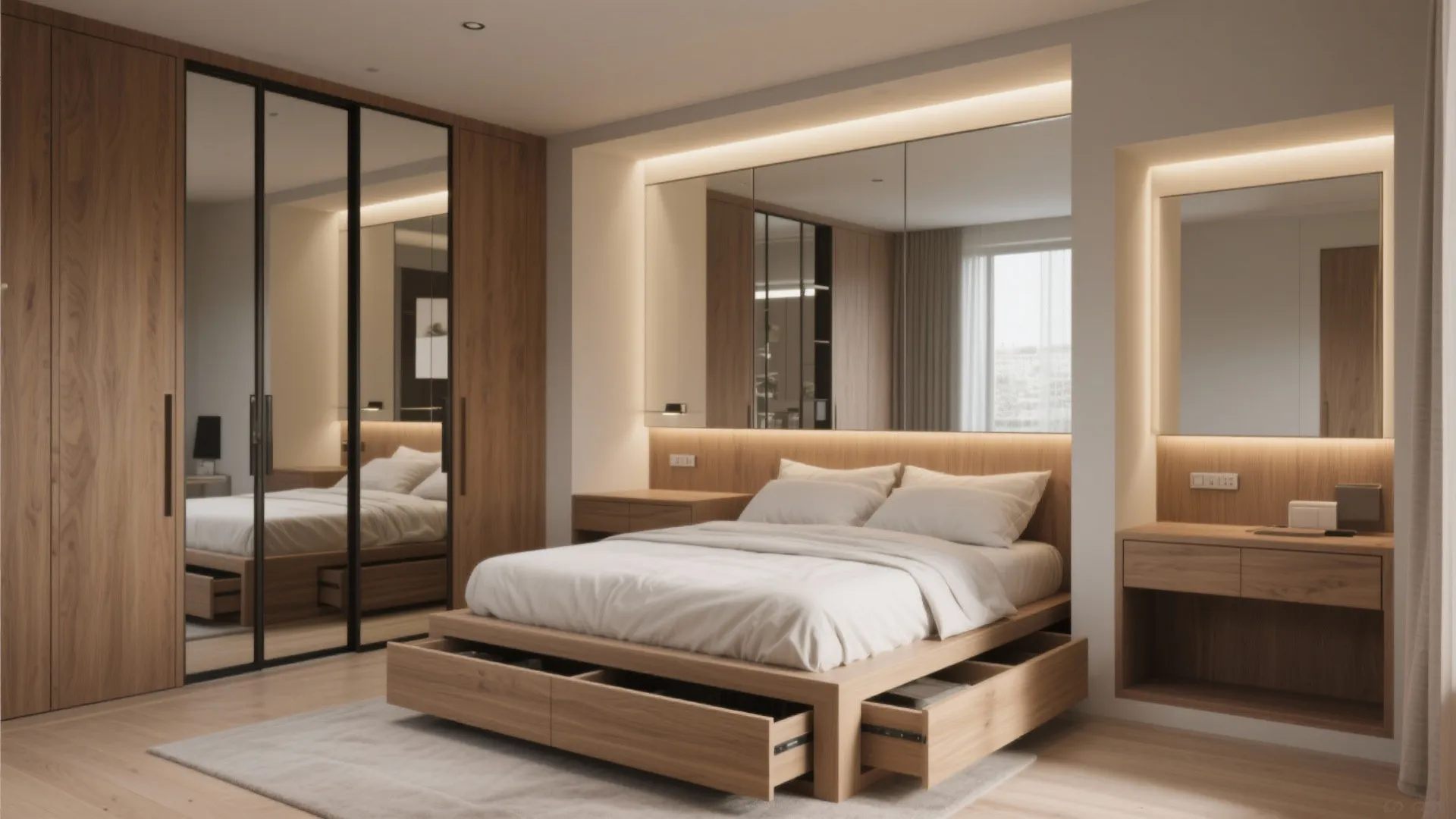 Built-In Beds with Storage and Mirrors