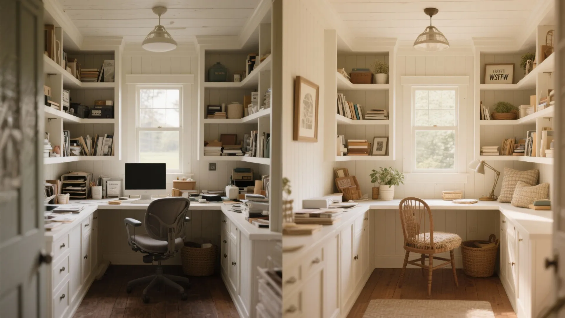 Before and after comparison of a home office with white shelves a desk and chairs