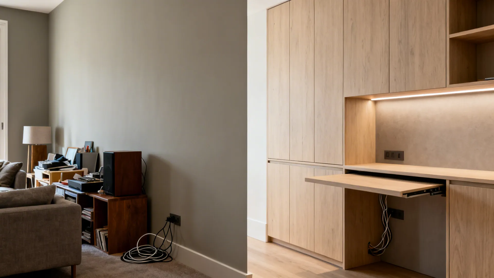 Before-after view showing clutter replaced by a shallow multifunctional built-in wall.
