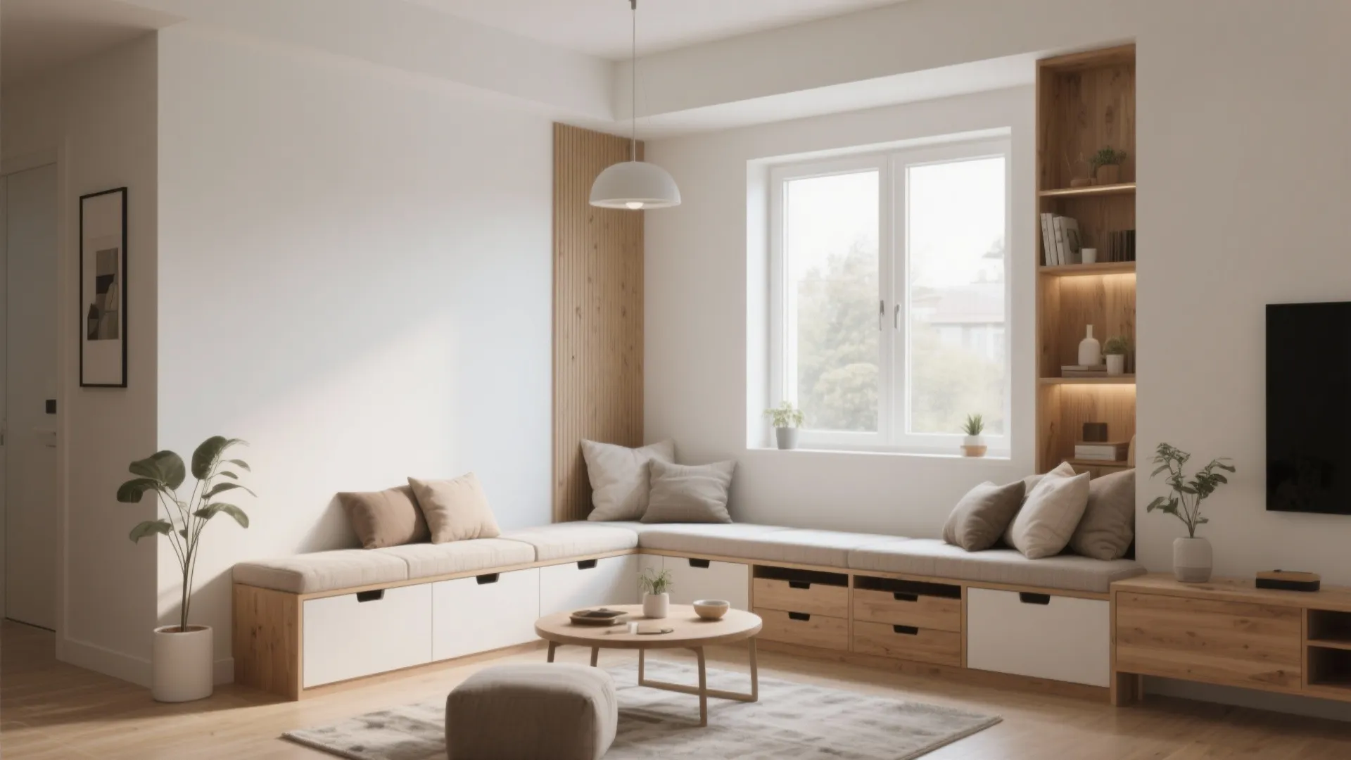 Modern living room with built-in window bench seating white walls wooden shelves and natural light