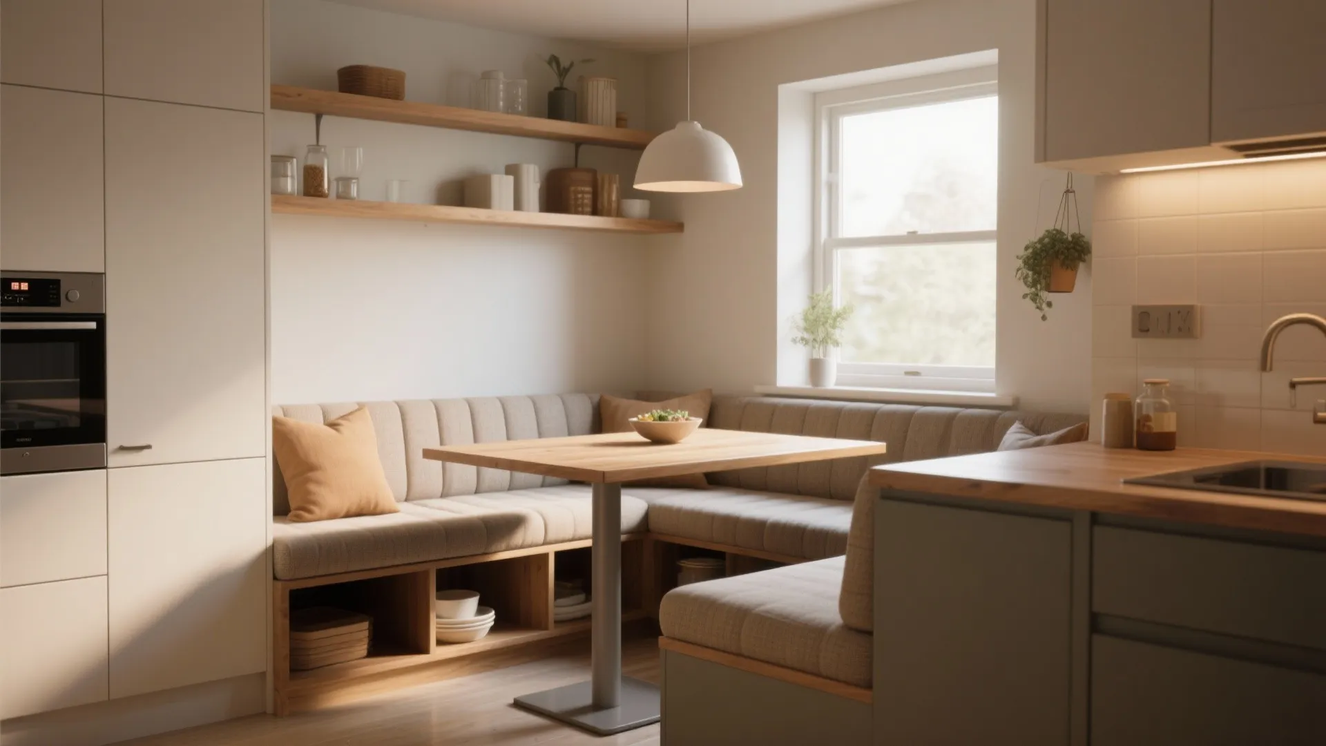 Cozy dining area with built in sofa wood table open shelves and a white window