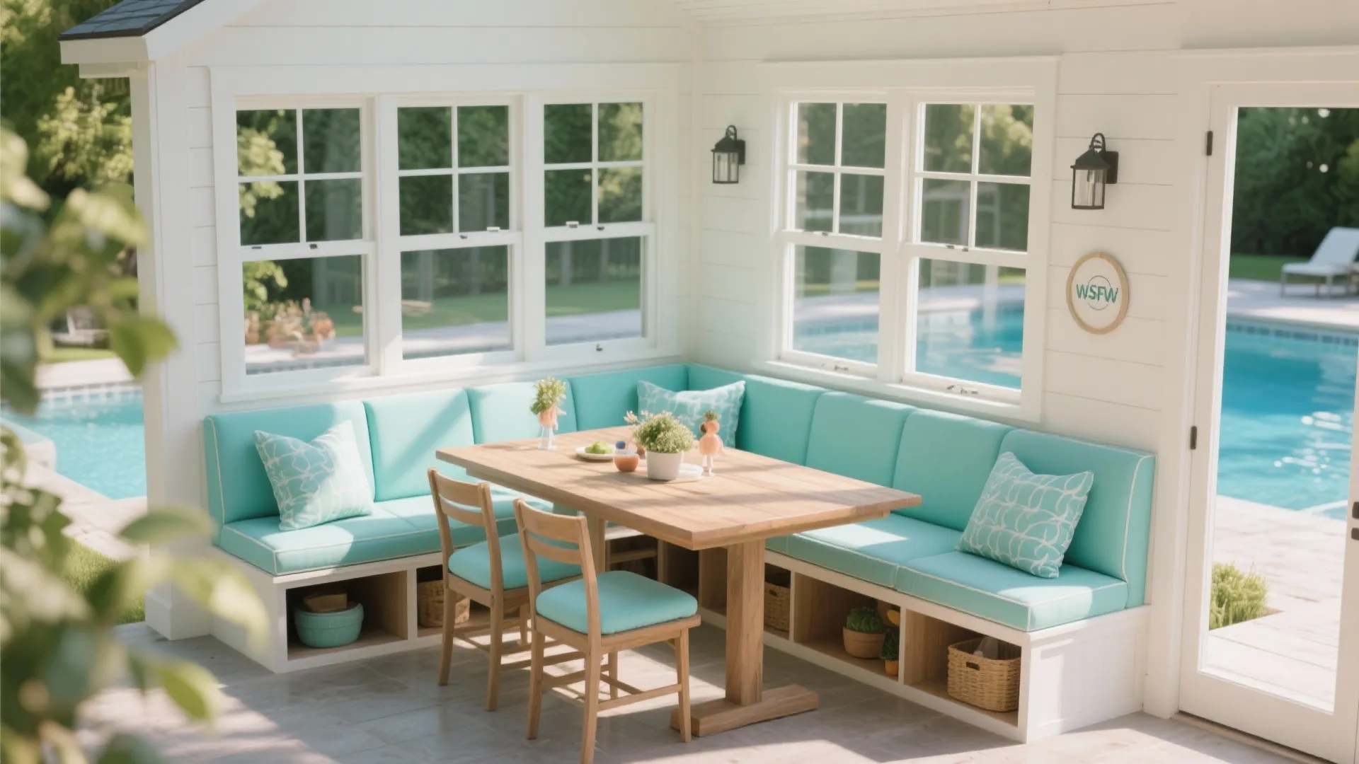 Bright dining area with turquoise corner sofa wooden table and white windows overlooking a blue pool