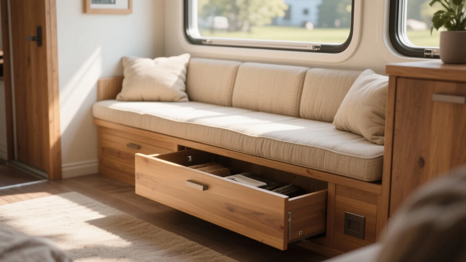 Built-in wooden bench seat with beige cushions and open storage drawer in a small room