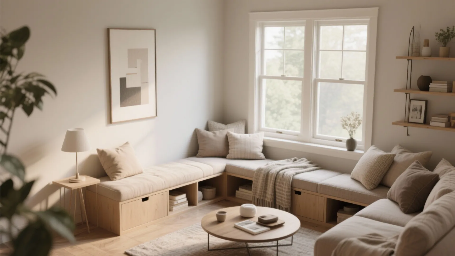 Minimalist corner seating area with wooden bench cushions round coffee table and large bright window