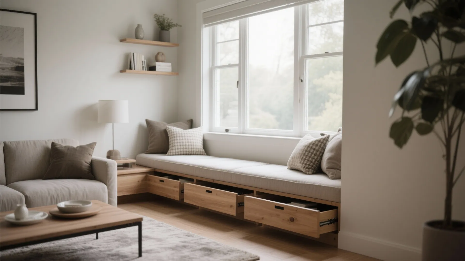 Built-in window seat with wooden storage drawers below next to a sofa and coffee table
