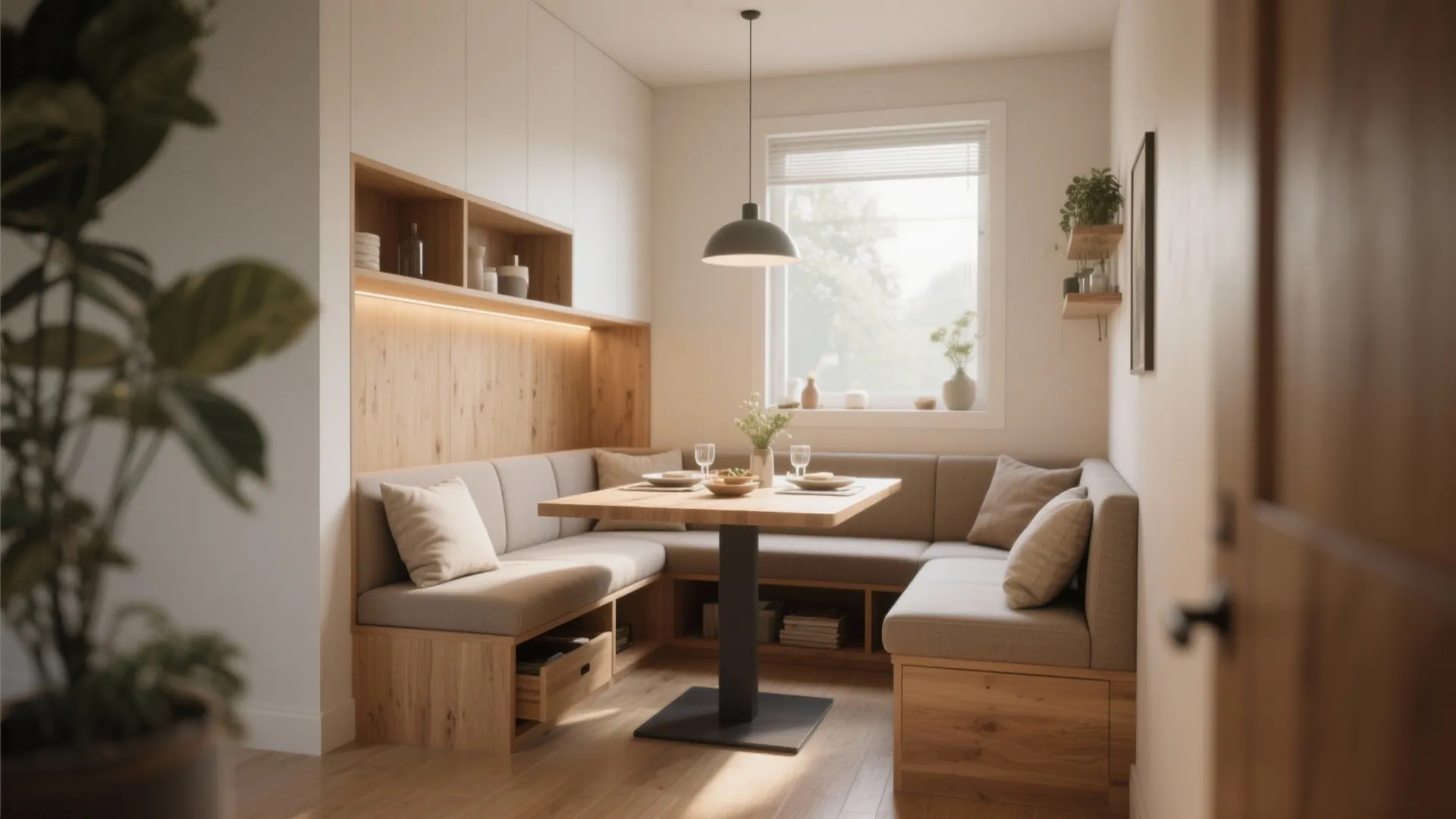 Small dining area with wooden corner bench seating table ceiling light and large bright window