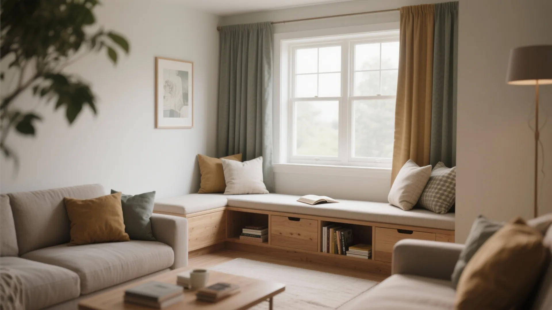 Cozy window seat with wooden storage drawers soft cushions grey curtains and light wood floor design