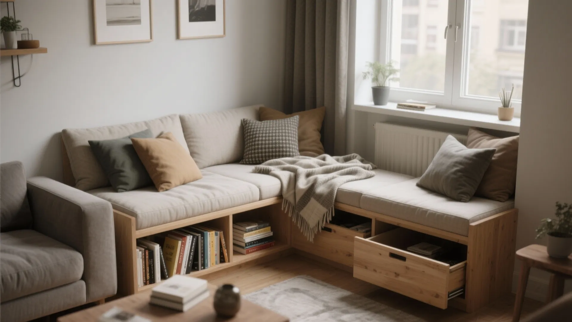 Corner wooden window seat with grey cushions and built in drawers for books and storage