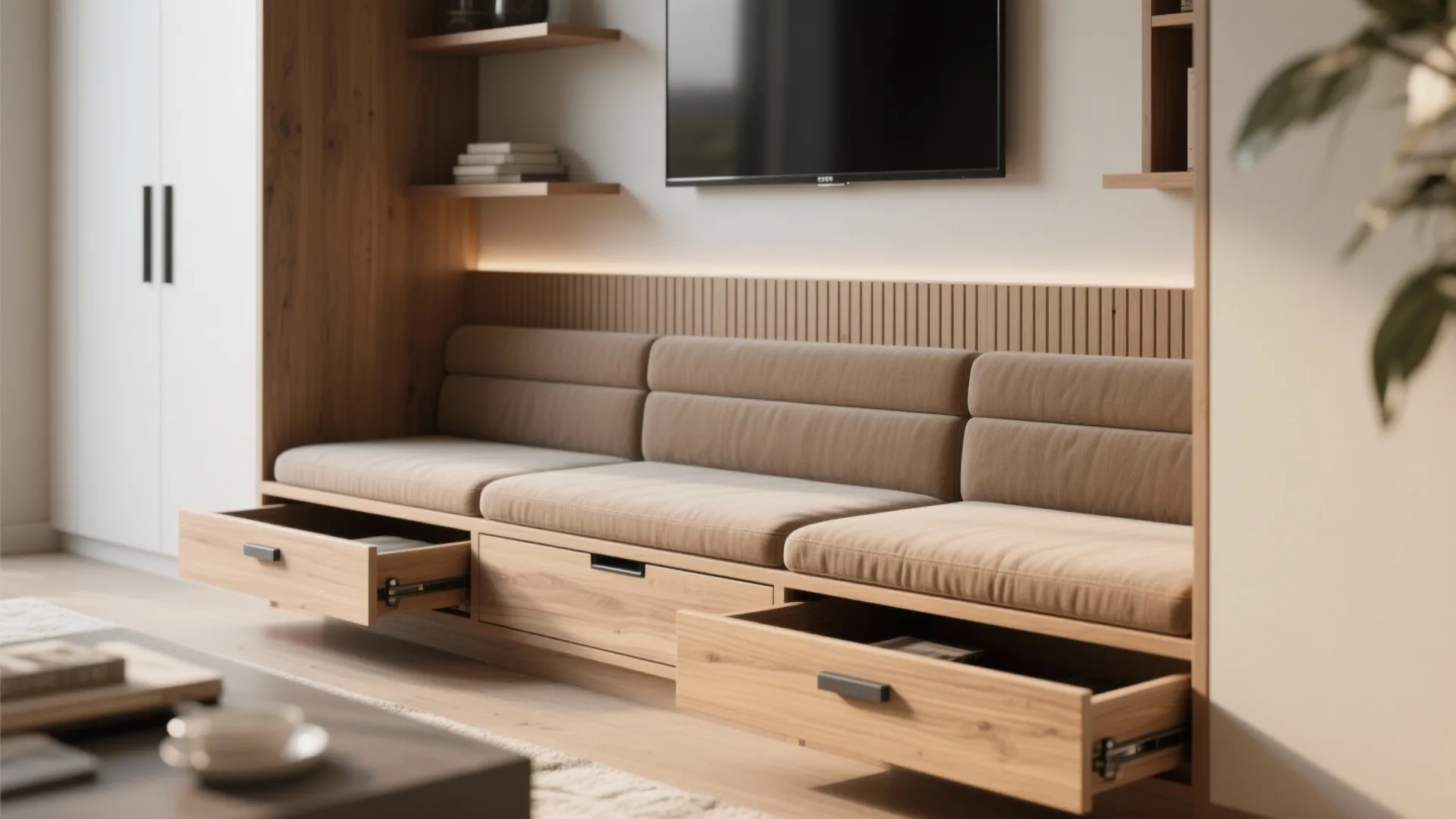 Modern built-in wooden bench with soft cushions and open storage drawers under a wall TV