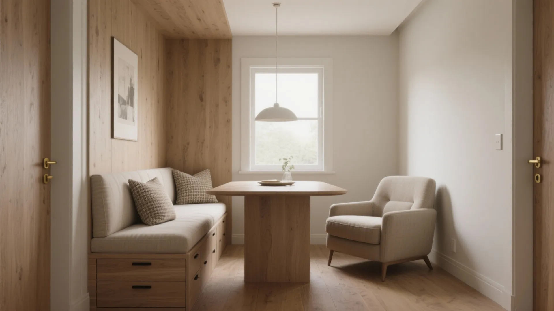 Dining area with wooden wall panel built in bench seating wood table and single armchair
