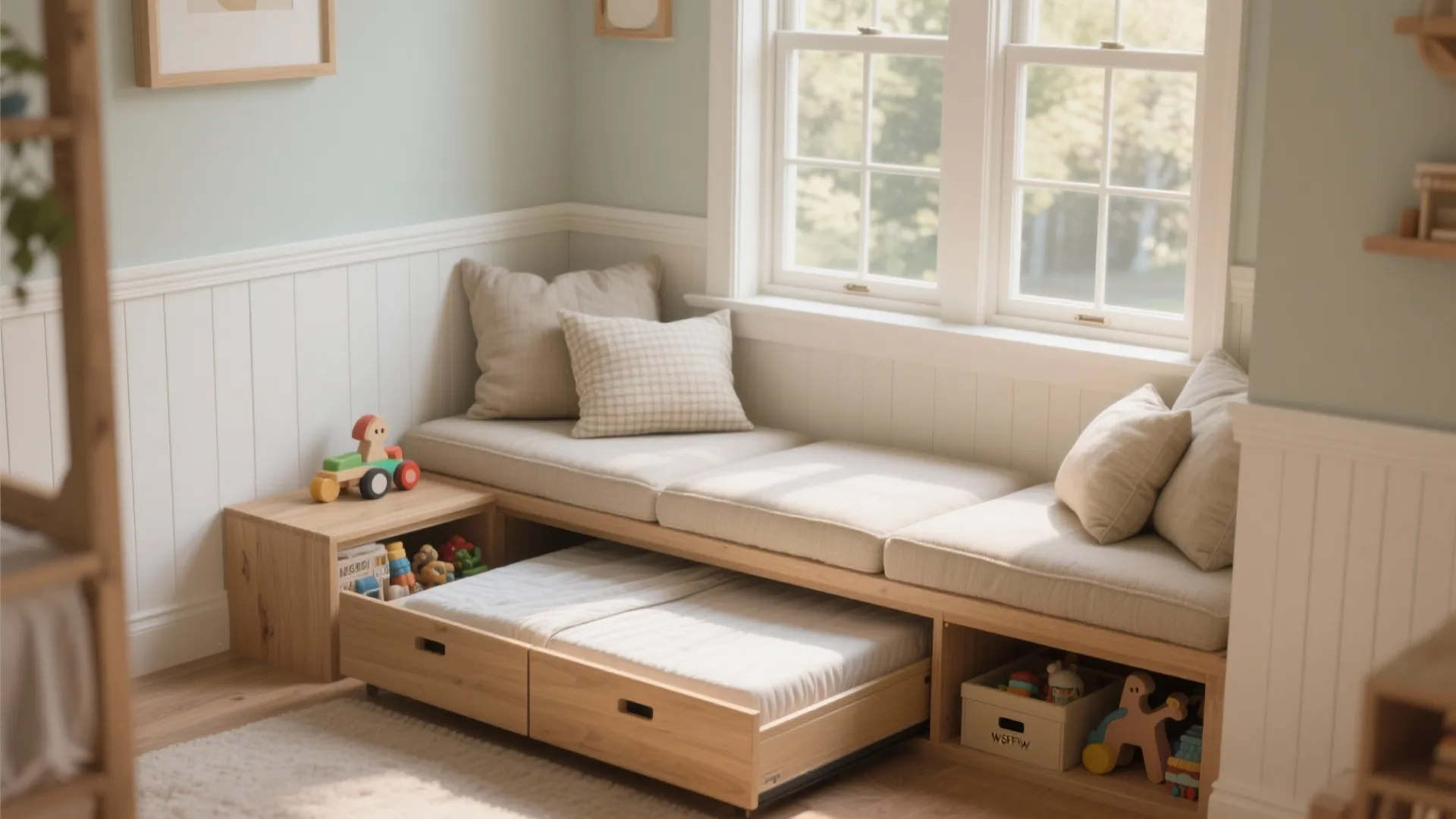 Wooden built-in bench with cushions and pull-out trundle bed in a sunlit child's bedroom corner