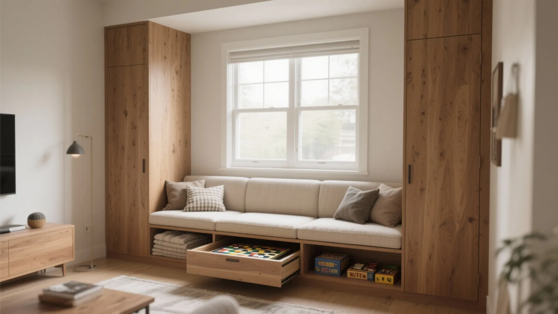 Built-in window seat with storage drawers and tall wooden cabinets in a bright living room