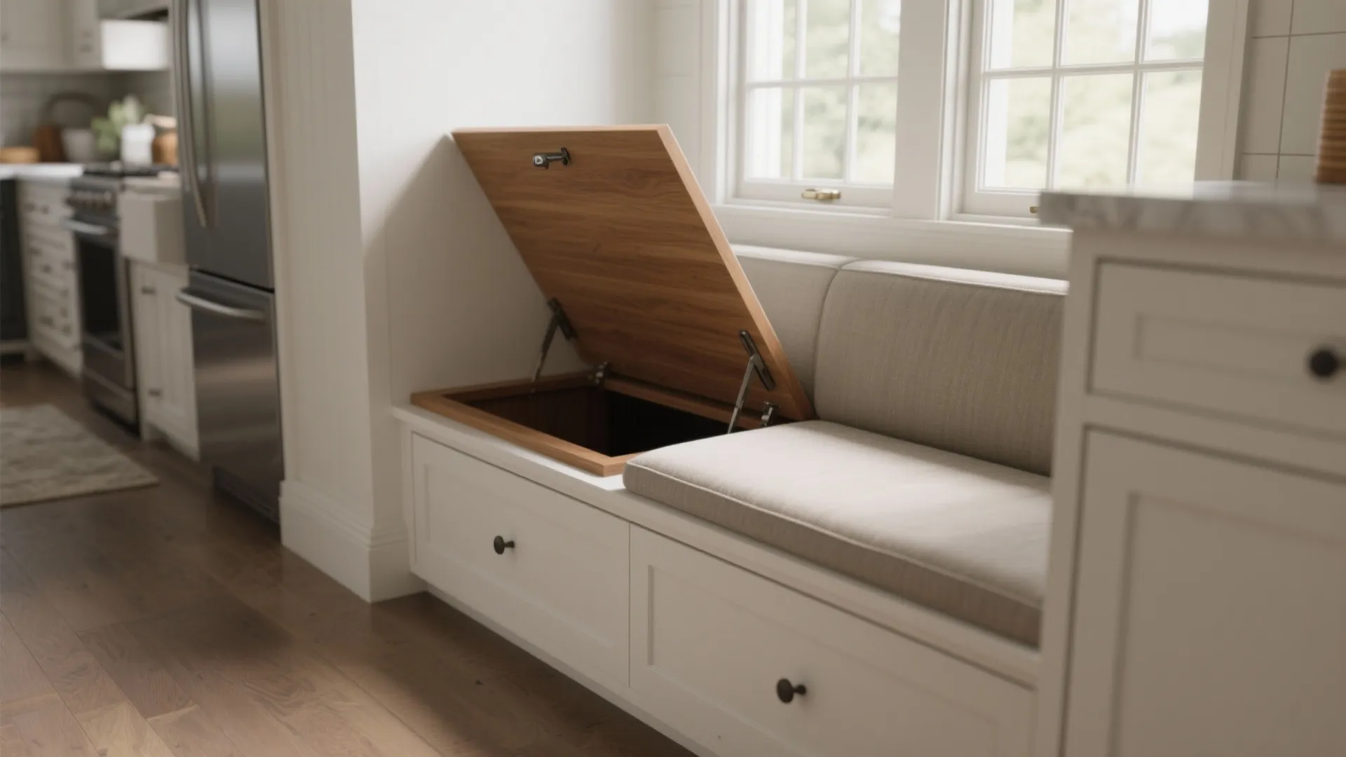 White built-in window bench with beige cushions and an open wooden lid for hidden storage space