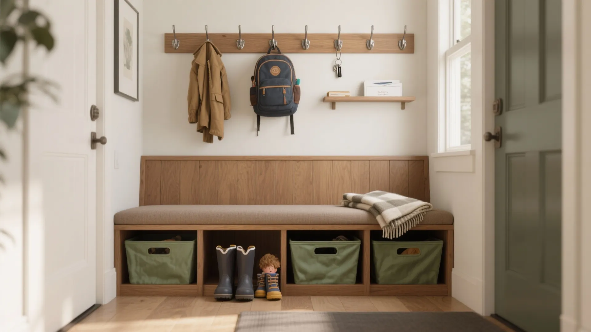 Entryway wooden bench with storage bins blue backpack coat on hooks and small wall shelf