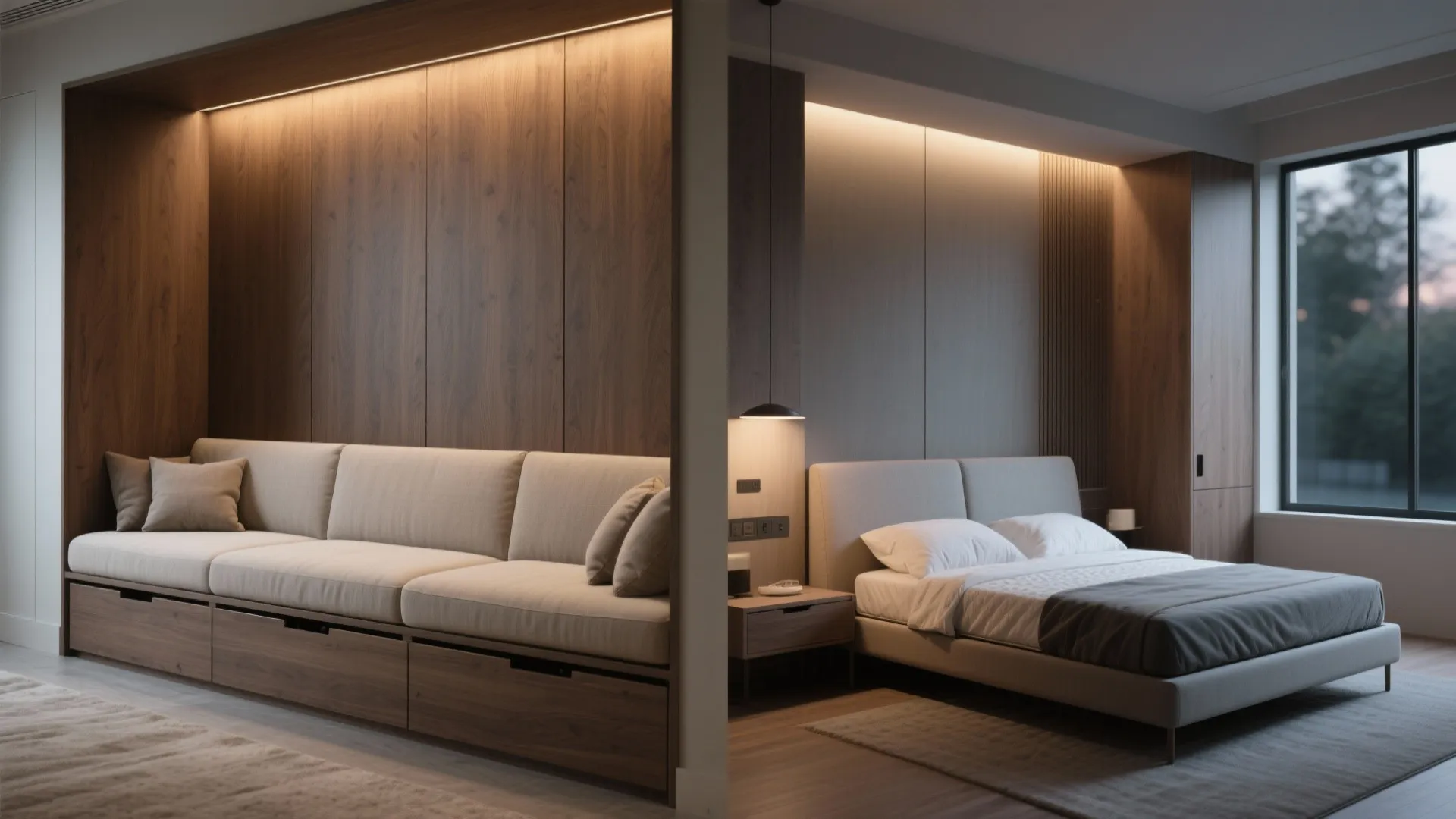 5. Built-In Bench Sofa with Fold-Out Mattress