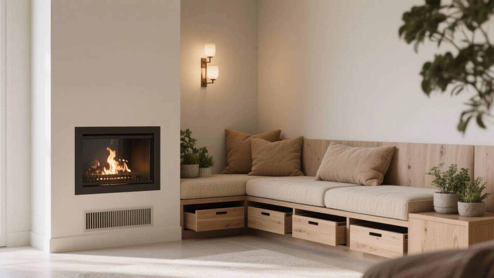 Corner wooden bench with storage drawers next to a fireplace and wall lights for seating