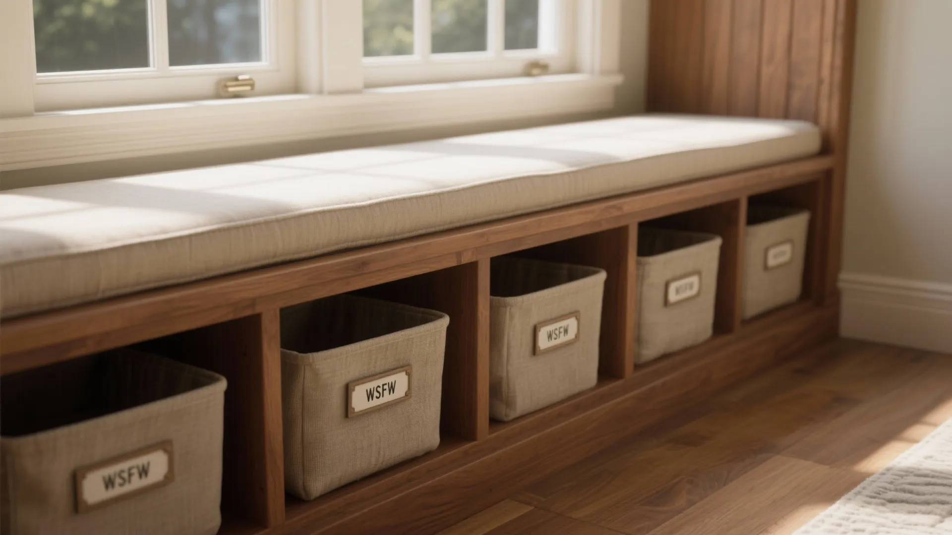 Wooden window seat with beige cushion and storage cubbies holding fabric bins for home organization