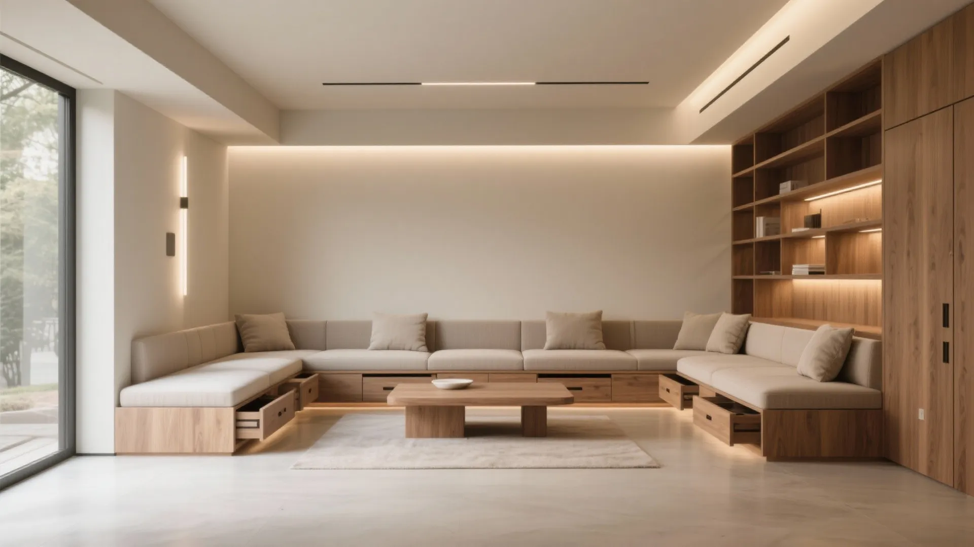 Modern living room featuring large built-in sofa with storage drawers and tall wooden wall bookshelves