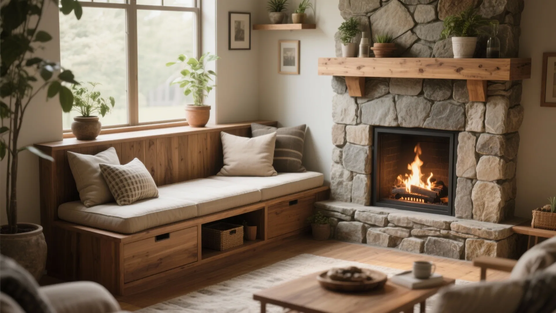 2. The Built-In Bench — seating + hearth synergy