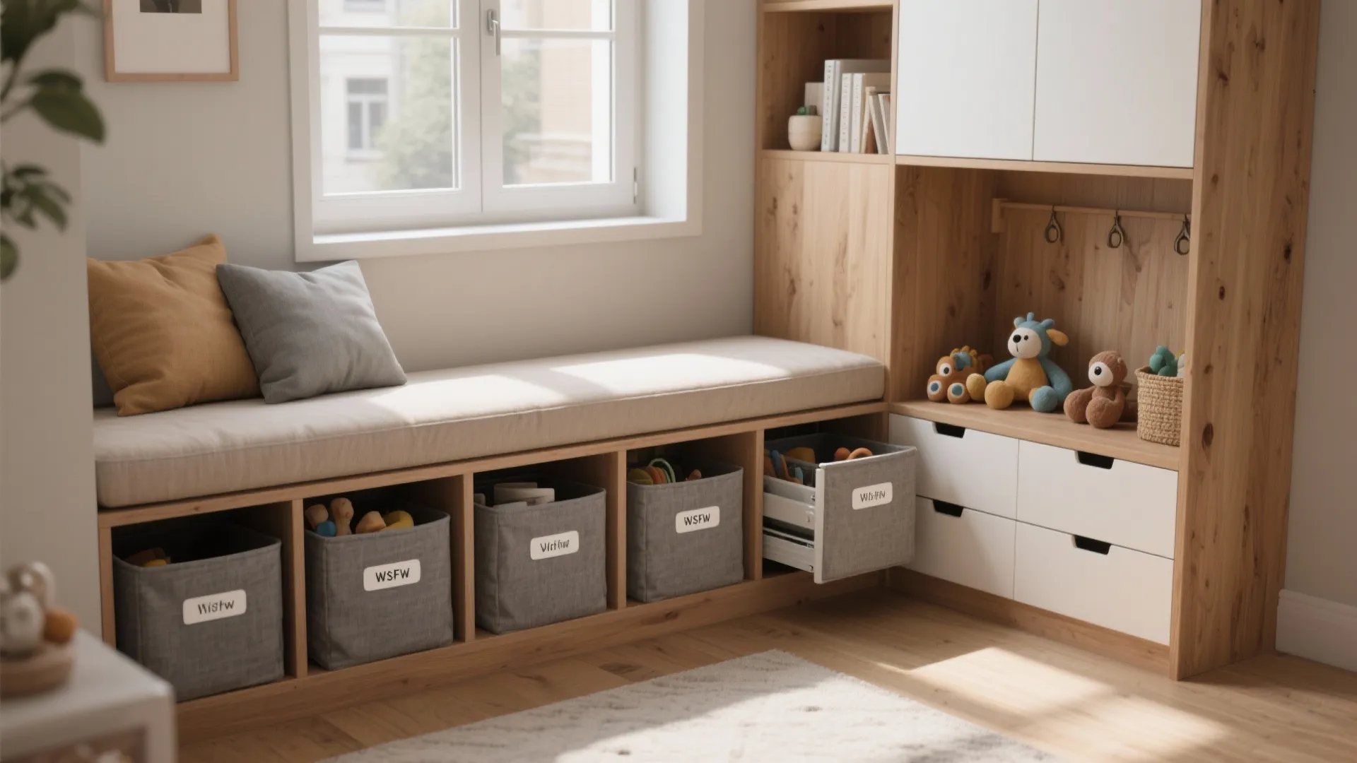 1. Built-in bench with toy bins