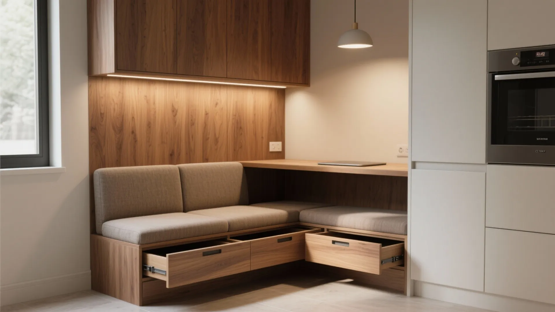 Wooden corner bench with grey cushions open storage drawers wood wall panels and ceiling light