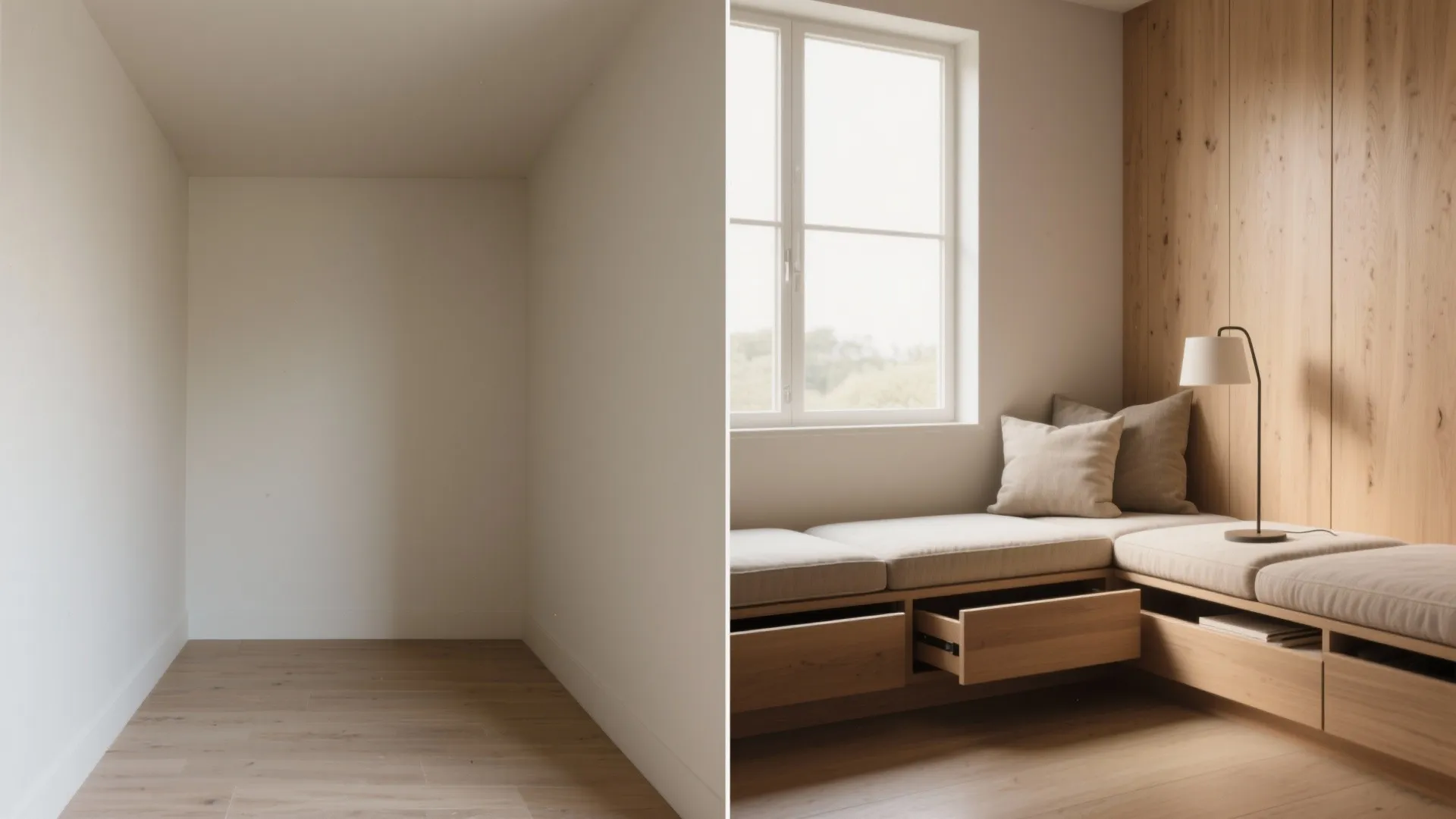 Before-and-after comparison of an empty corner transformed into a custom wooden window seat with drawers