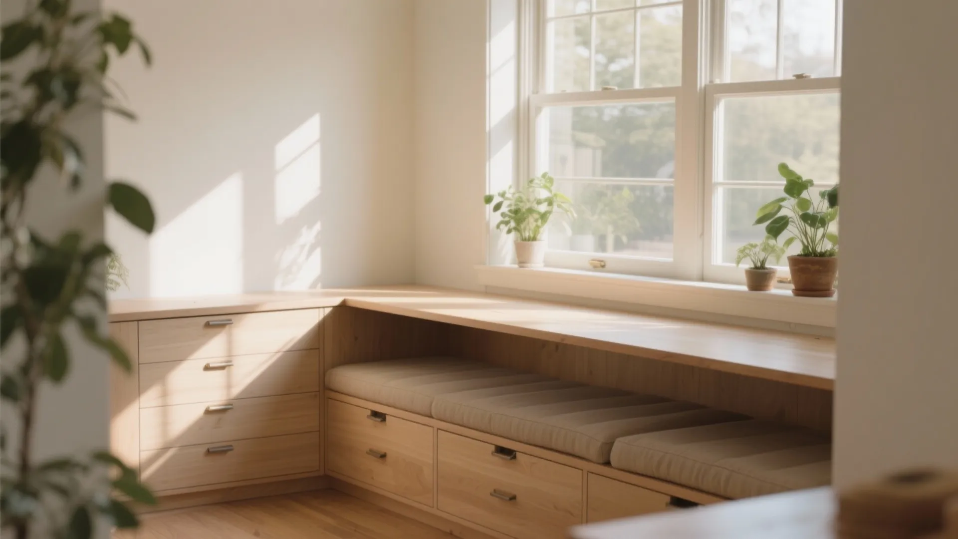 Built-in bench desk by a window with drawers below and warm sunlight in a small space.