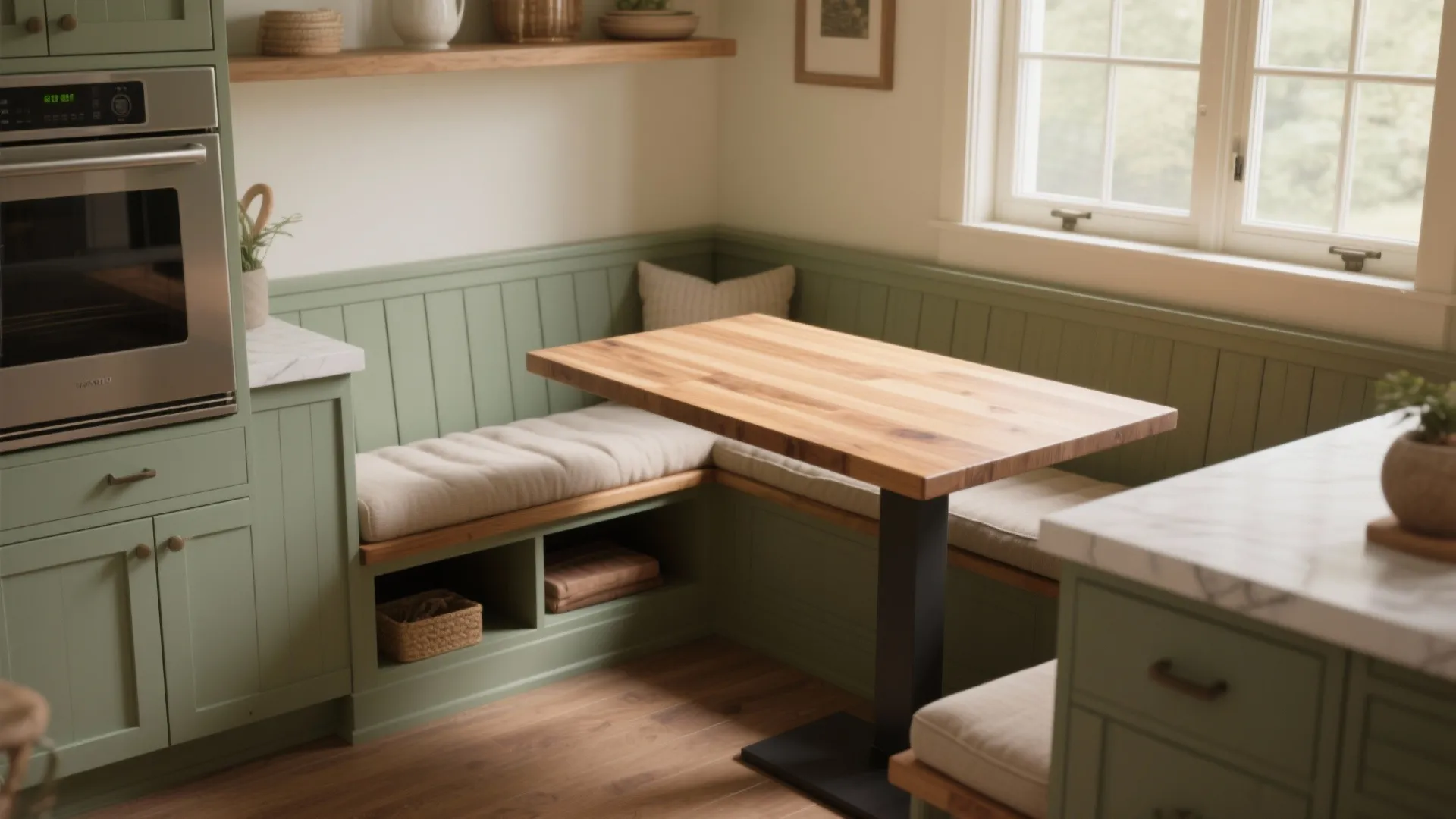Green wall panel bench seating with soft cushions around a wooden table in small kitchen