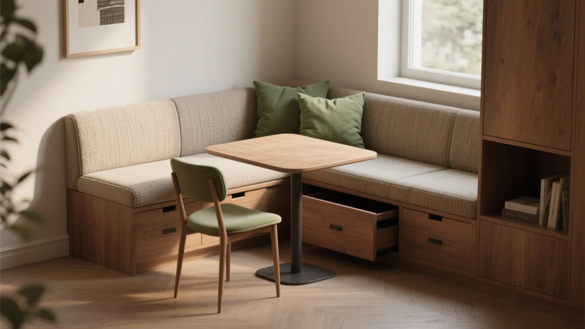 Built-in bench with storage and a movable chair creating a cozy dining corner in a small kitchen