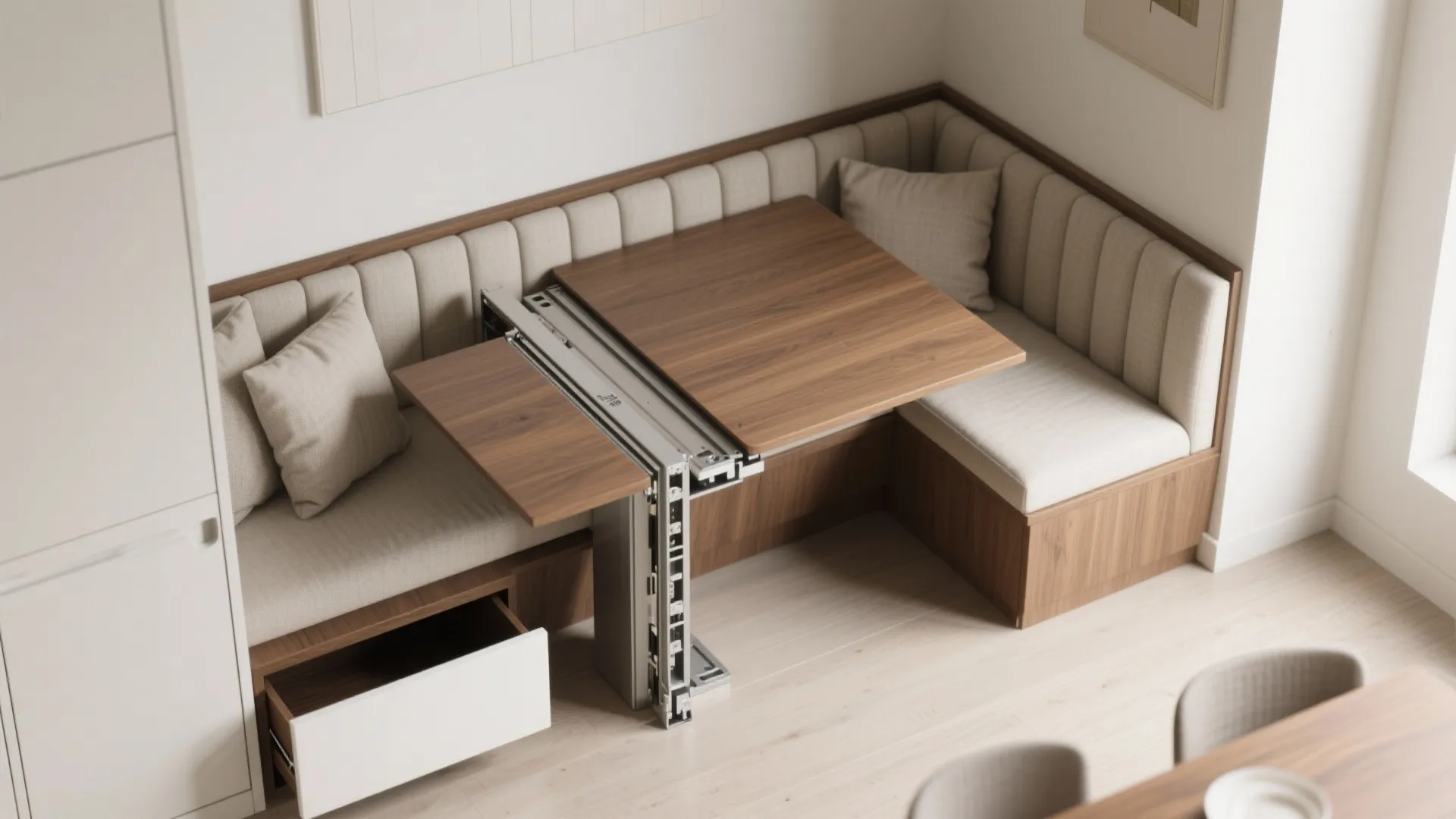 Dining area with corner bench seating and a wooden table that has an extendable leaf