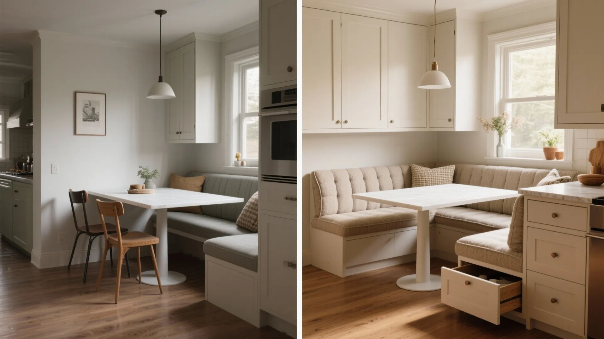 Before and after comparison of a kitchen dining corner with built in seating and storage drawers