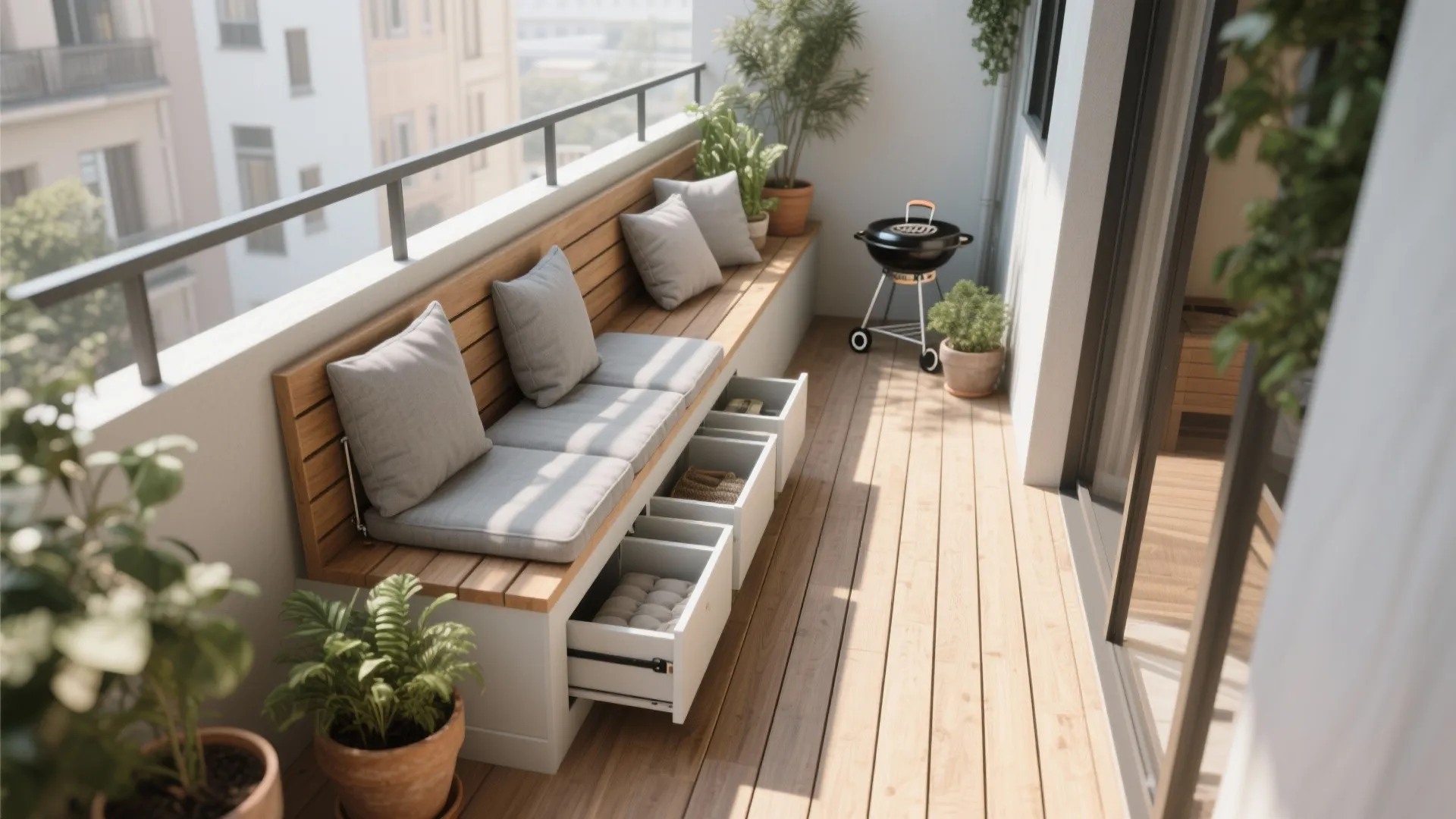 Wooden balcony bench with grey pillows and open storage drawers on a light wood floor