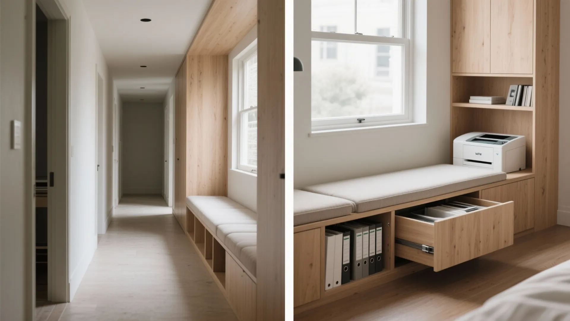 5. Built-in bench desk with hidden storage