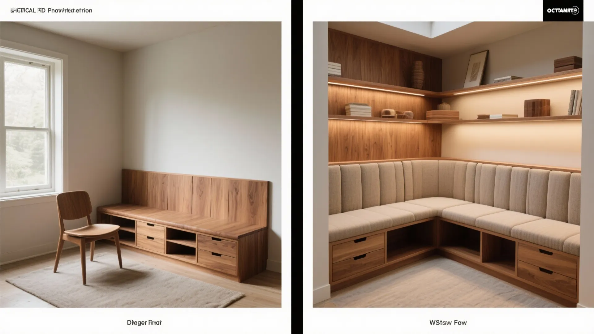 Before and after interior design drawing showing a wooden cabinet bench transformed with wall panels