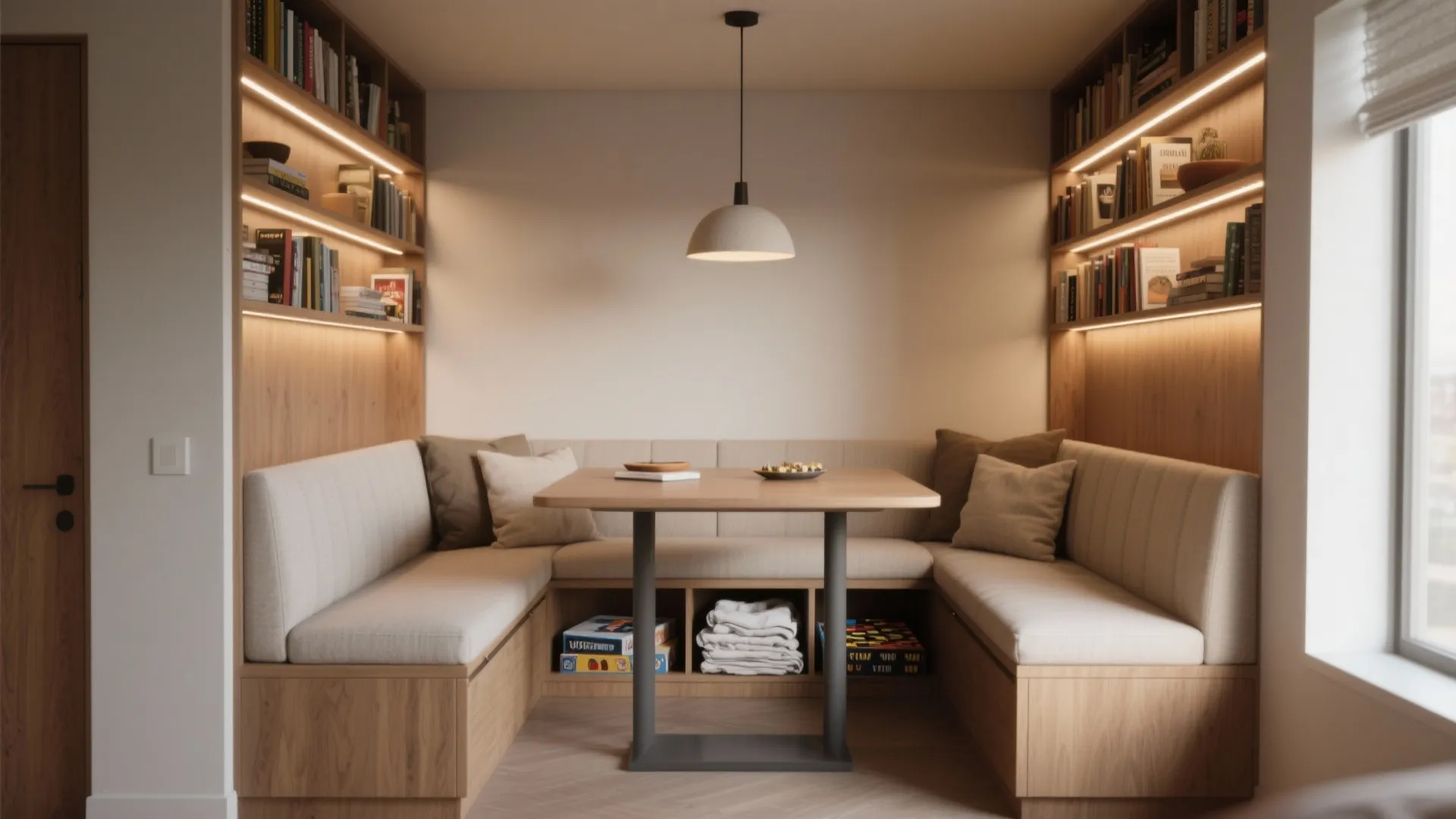 Dining nook with u-shaped seating bench under bookshelves and a small wooden table with light