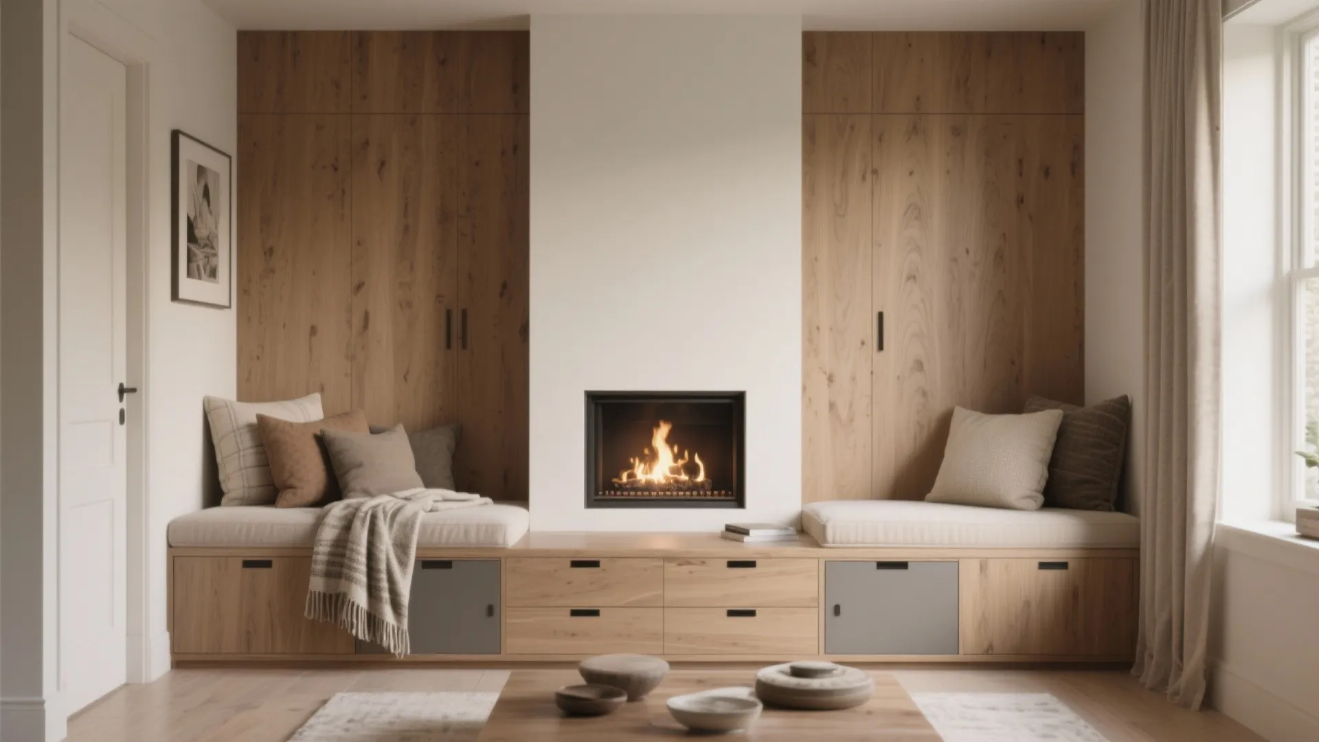 2. Turn the hearth wall into built-in seating and storage