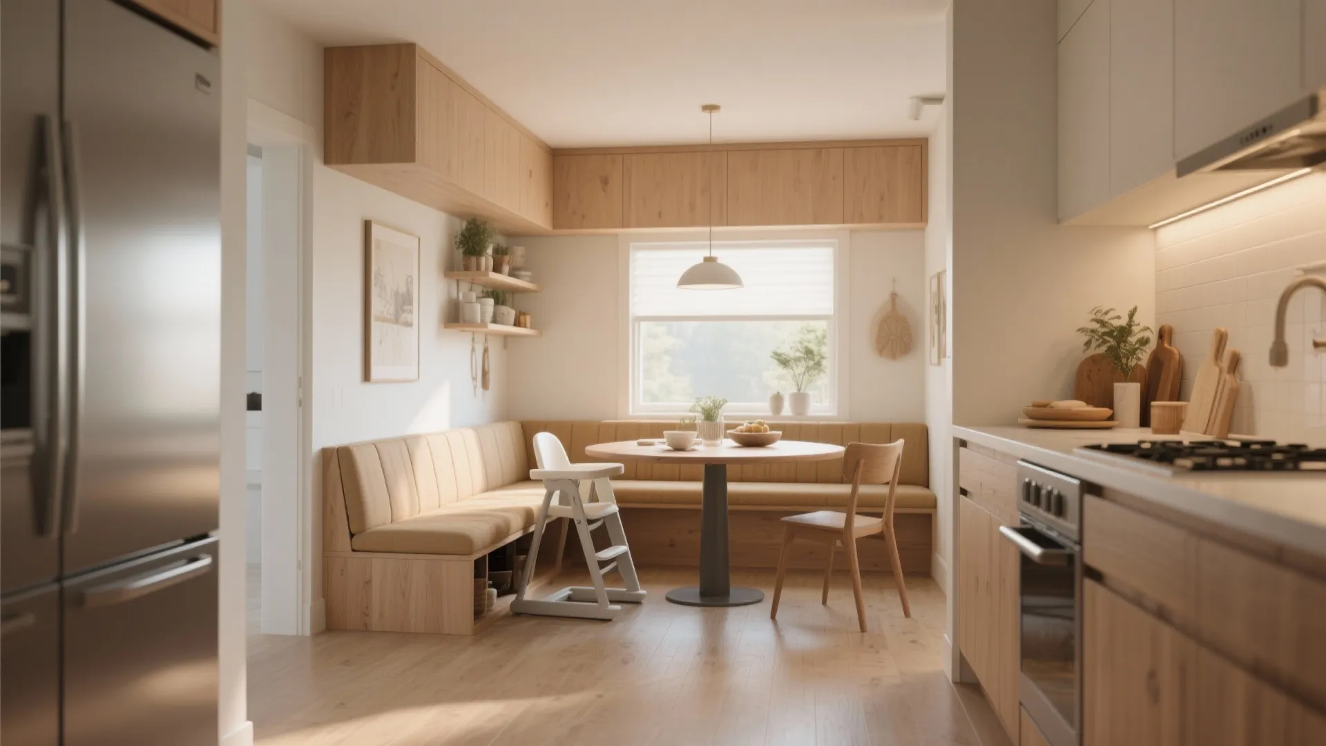 5. Built-in bench seating with integrated highchair docks