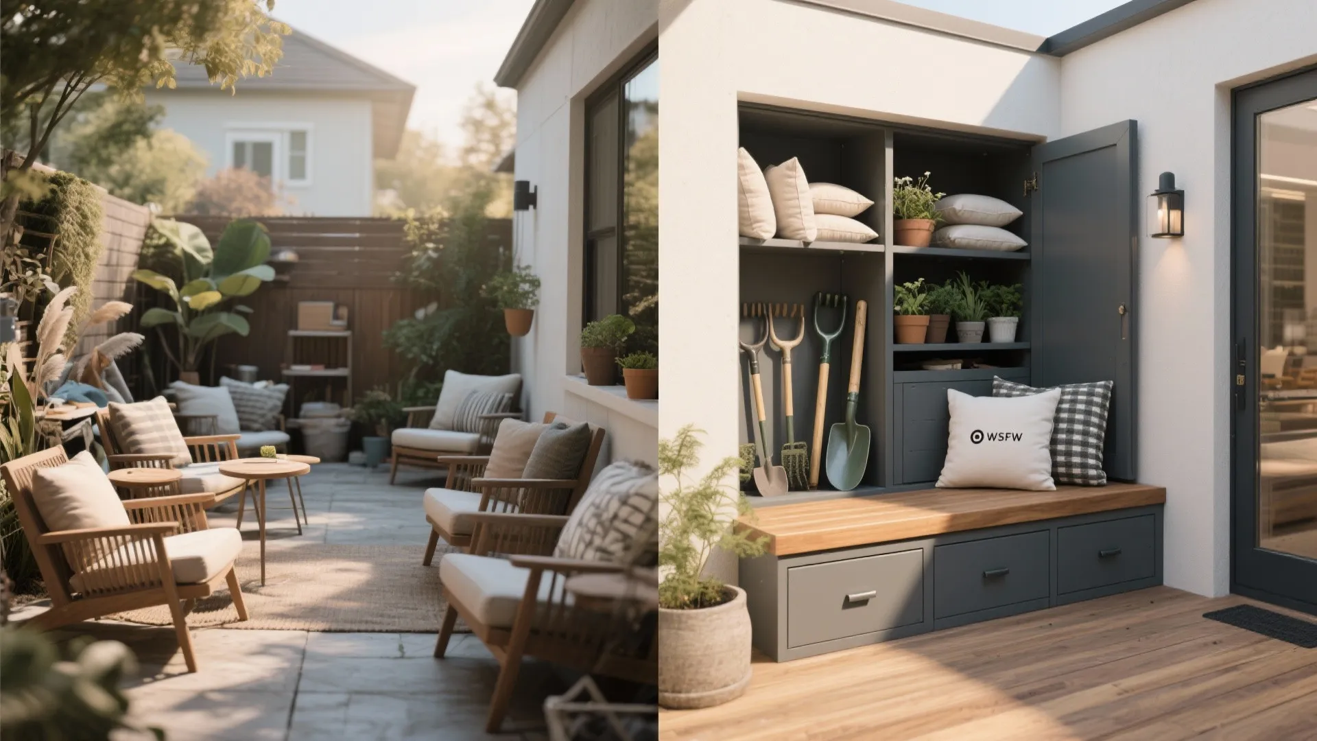 Outdoor patio seating area with wooden chairs and a built in storage bench for garden tools