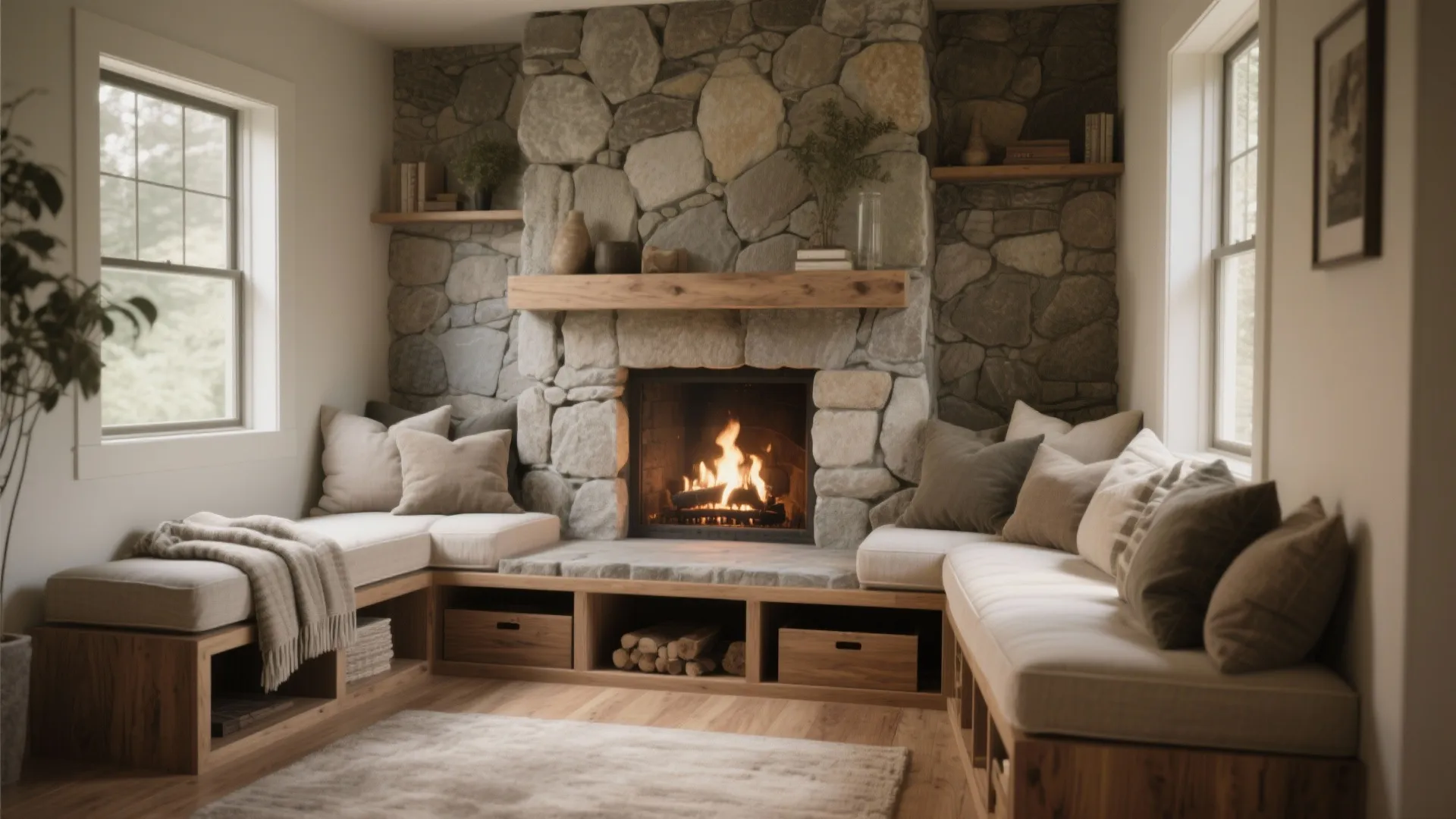 1. Built-in Bench Seating That Frames the Fireplace