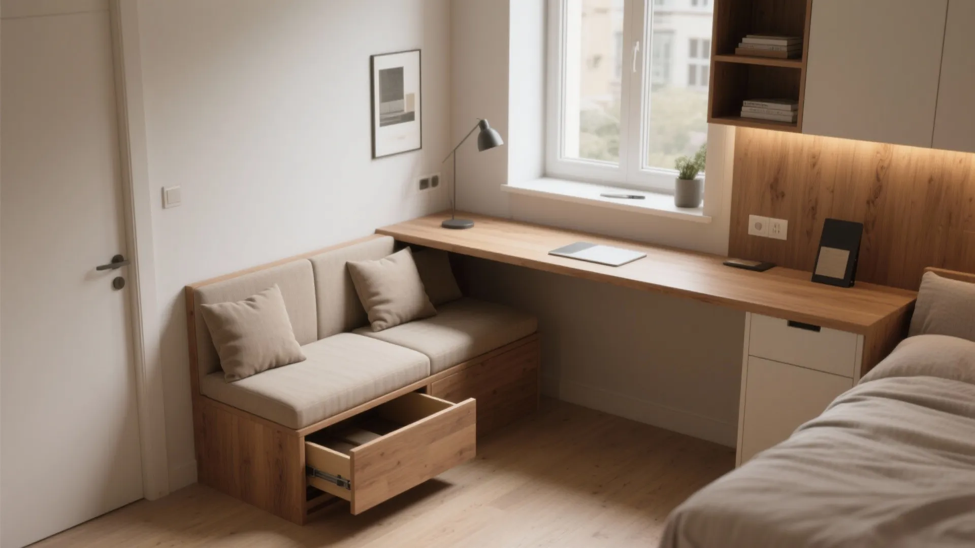 Built in wooden bench with storage drawers and long wooden desk under a bright window