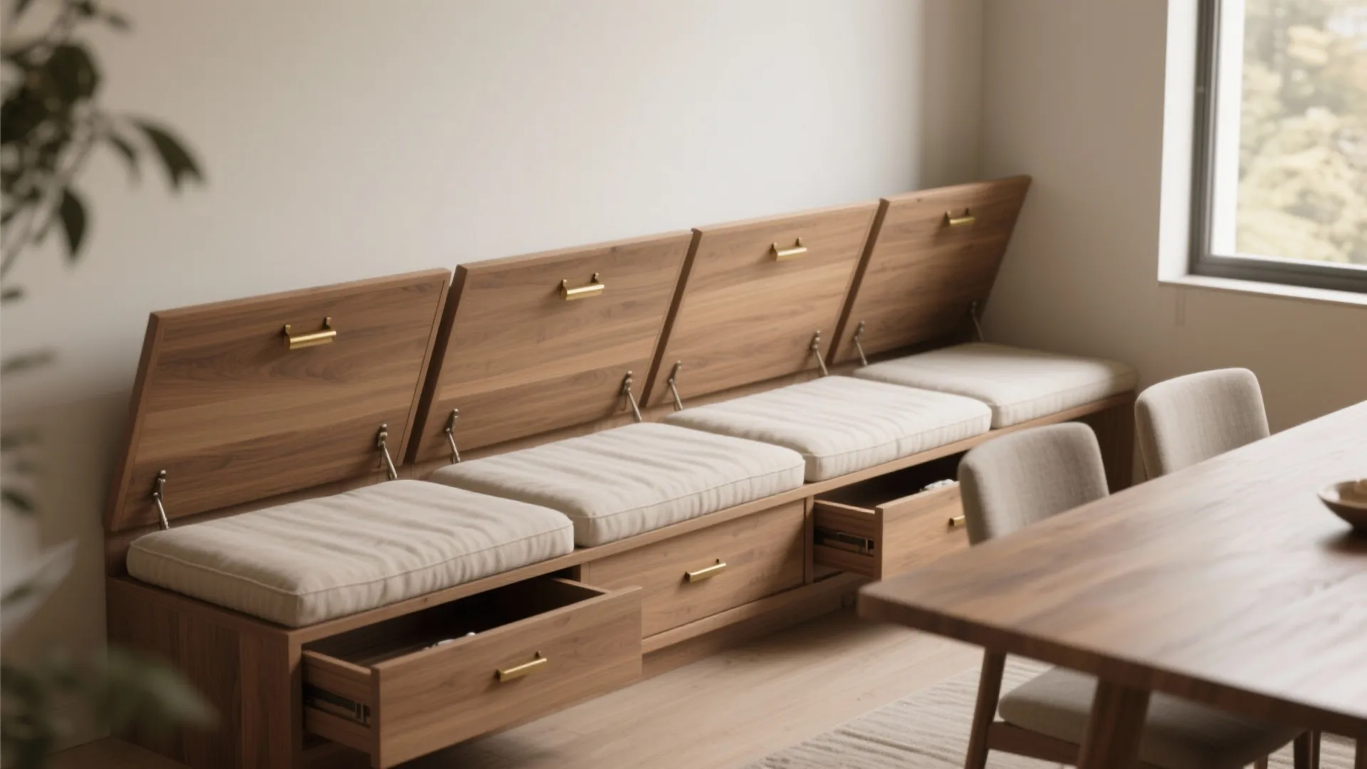 Wooden wall bench with white cushions showing open storage lids and drawers for extra space