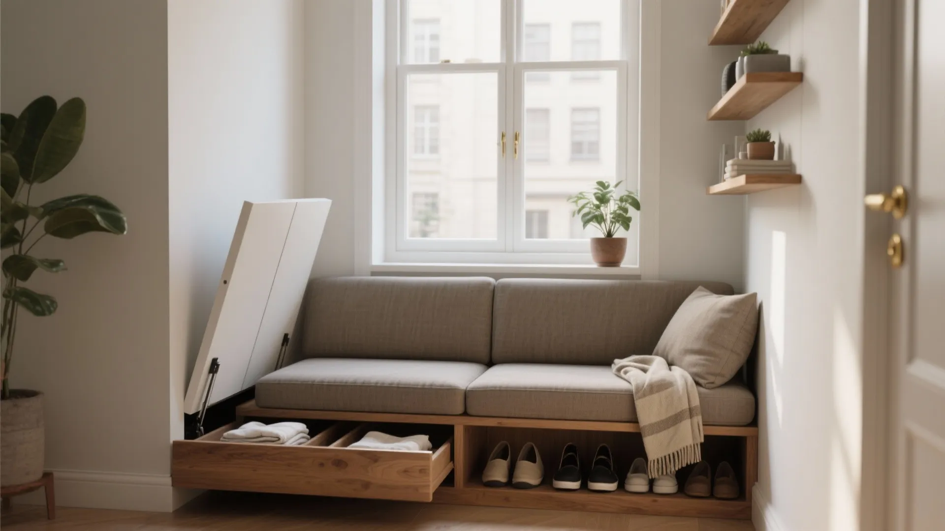 Grey built in bench with storage drawer for shoes and clothes under a large window