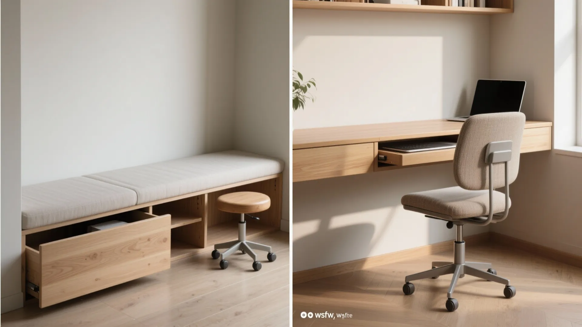 Before-and-after split view of a shallow built-in bench with hidden storage and a small rolling stool tucked and pulled out.