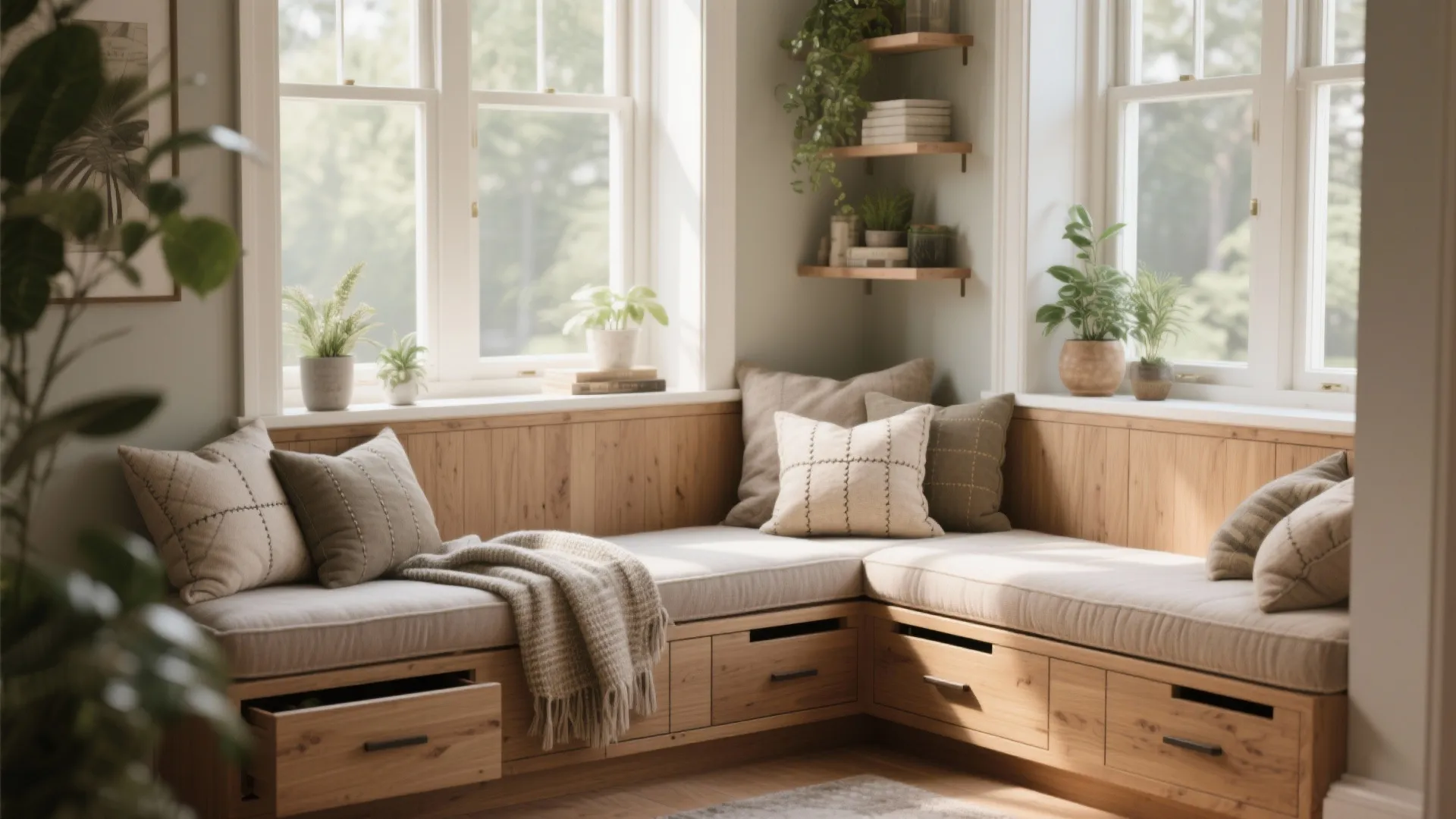 Wooden corner window seat with storage drawers soft cushions grey pillows and green potted plants