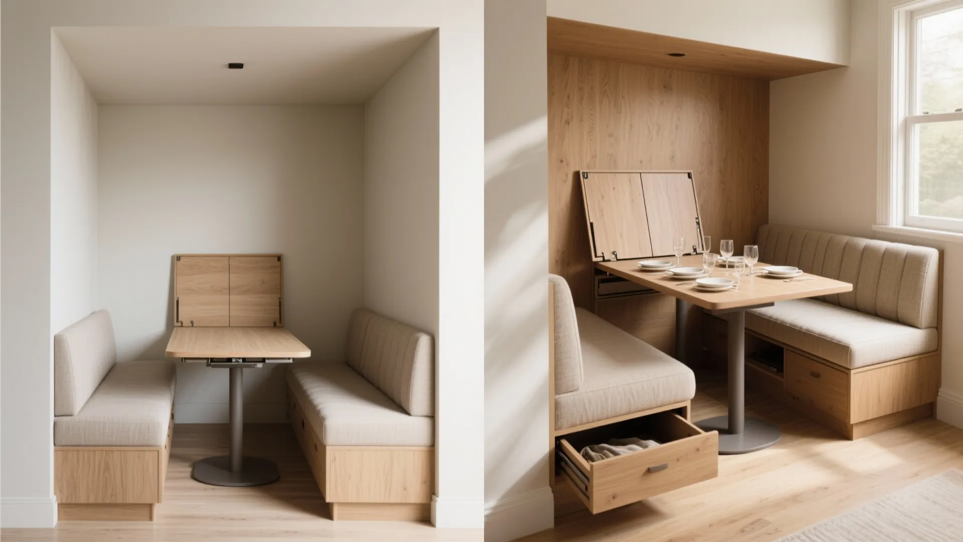 Built-in bench with fold-out top