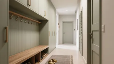 Serene Entryway with Green Cabinetry and Wooden Bench