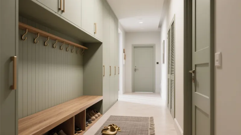 Serene Entryway with Green Cabinetry and Wooden Bench
