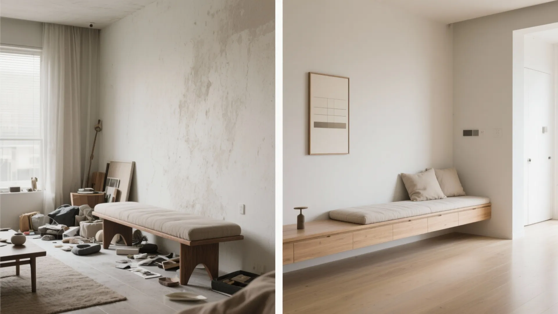 Before-and-after view: bulky bench versus a floating built-in bench that opens floor space.