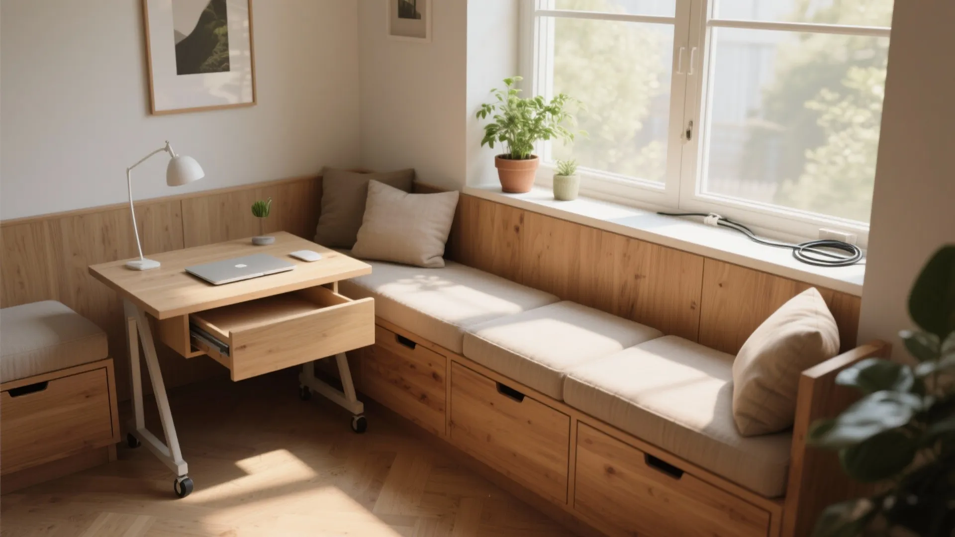 2. Built-in bench with storage and mobile desk