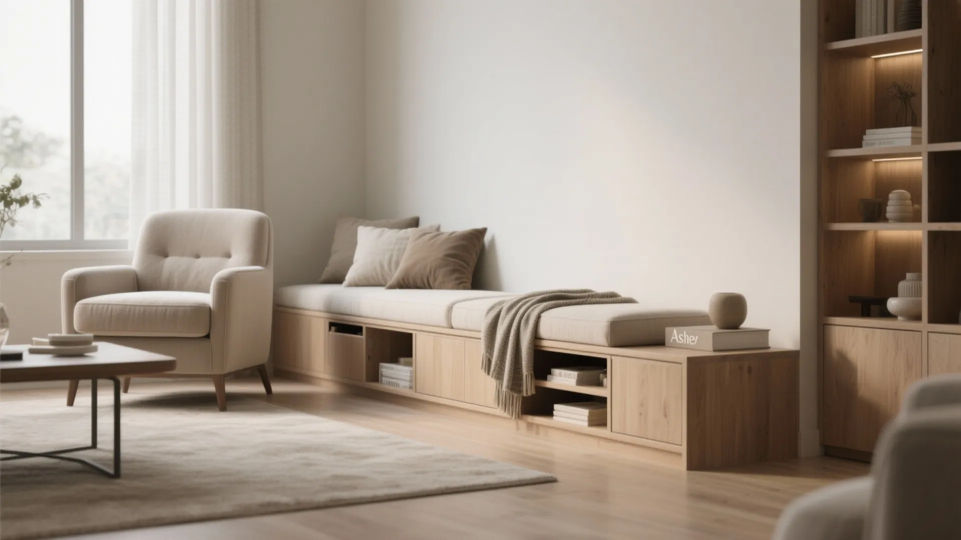 Low built-in bench with storage next to an Ashley chair providing extra seating